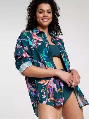 NWT Calia By Carrie Underwood Tropical Linen Blend Cover Up Oversized Shirt